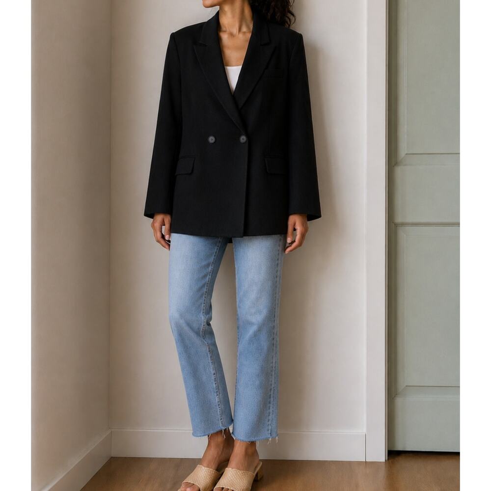Halston Oversized Black Blazer Linen Blend Minimalist Career Classic-Small